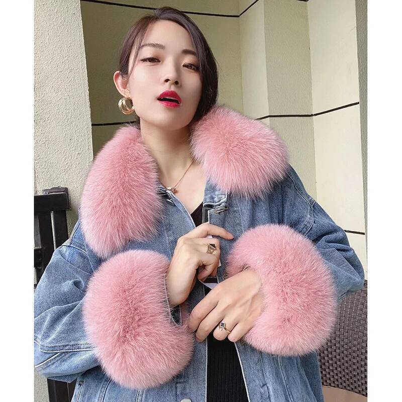 100% Real Fox Fur Collar Winte - Women'S Winter Accessories Set 评论和价格