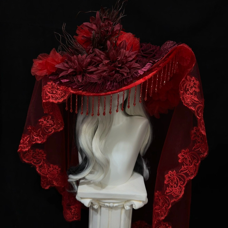 Red Widow Hat for Women Lolita - Women'S Victorian Era Accessories 评论和价格